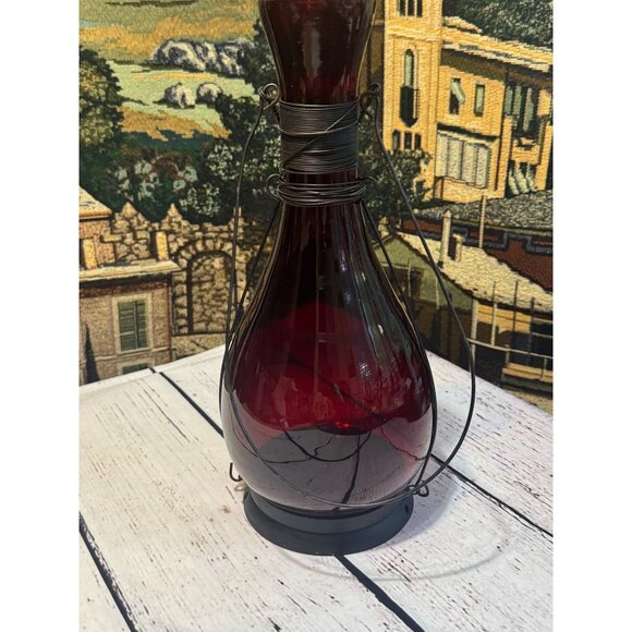 Vintage Red Glass Hanging Lantern Tea Light Holder With Metal Wire Wrap & Handle - Picture 10 of 11